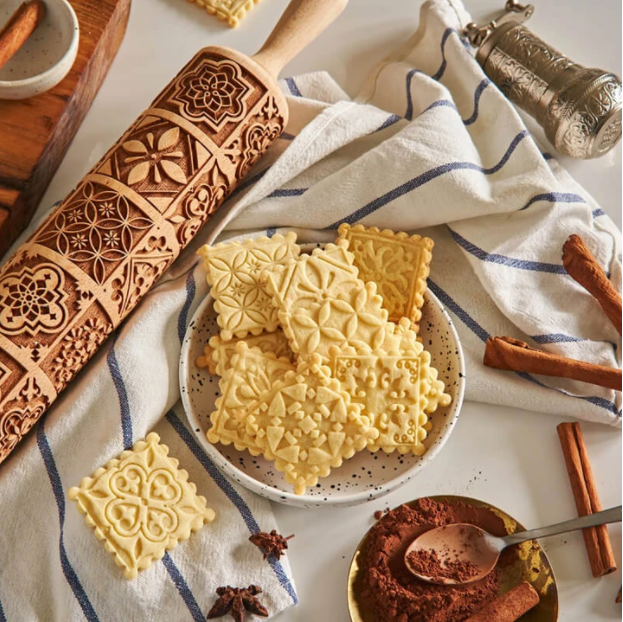 Window Grille Square Flower Pattern Wooden Embossed Rolling Pin