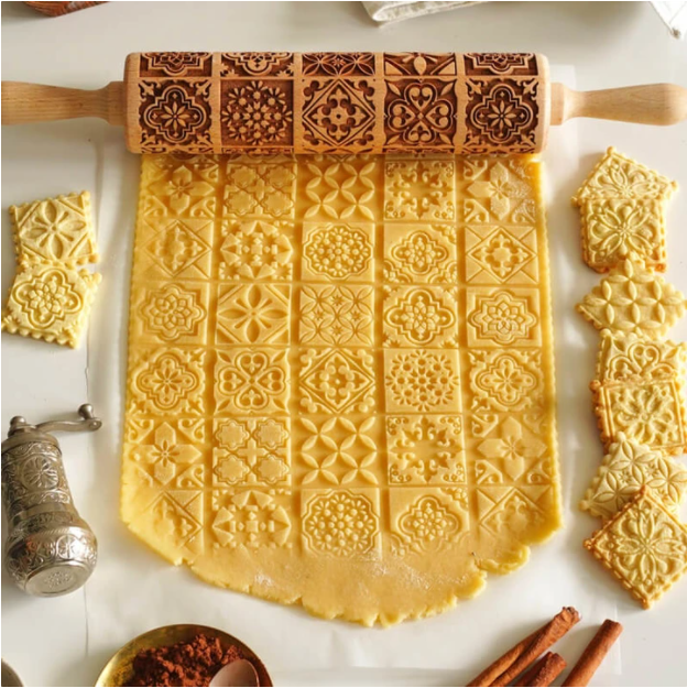 Window Grille Square Flower Pattern Wooden Embossed Rolling Pin