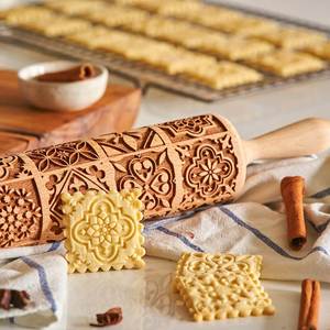 Window Grille Square Flower Pattern Wooden Embossed Rolling Pin