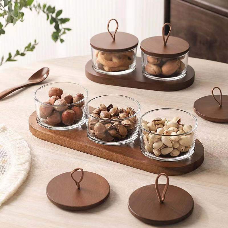 Elegant Snack Serving Tray with bowls and wooden lids