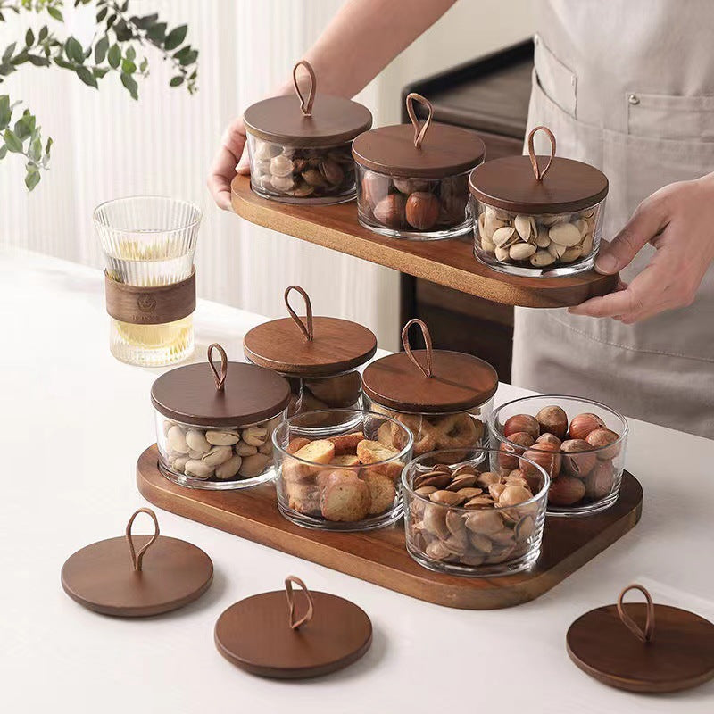 Elegant Snack Serving Tray with bowls and wooden lids