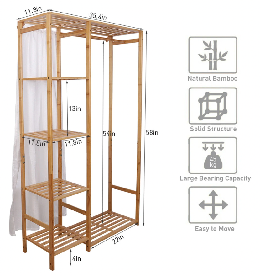 Bamboo wood garment rack with shelves