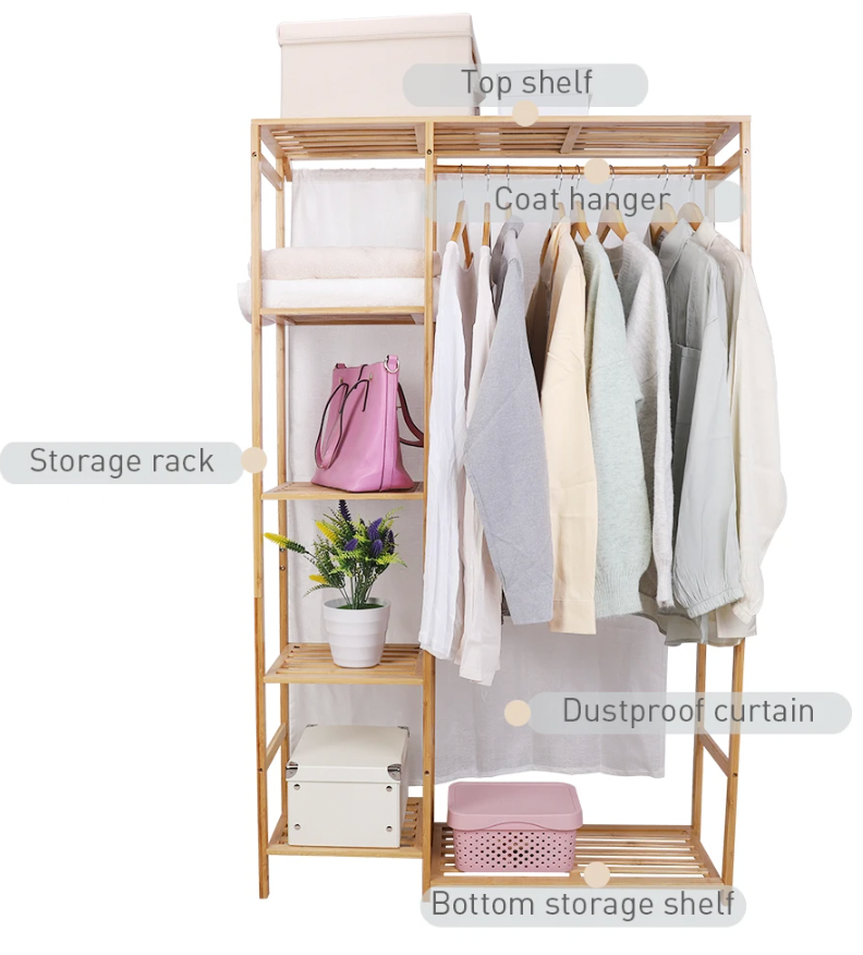 Bamboo wood garment rack with shelves