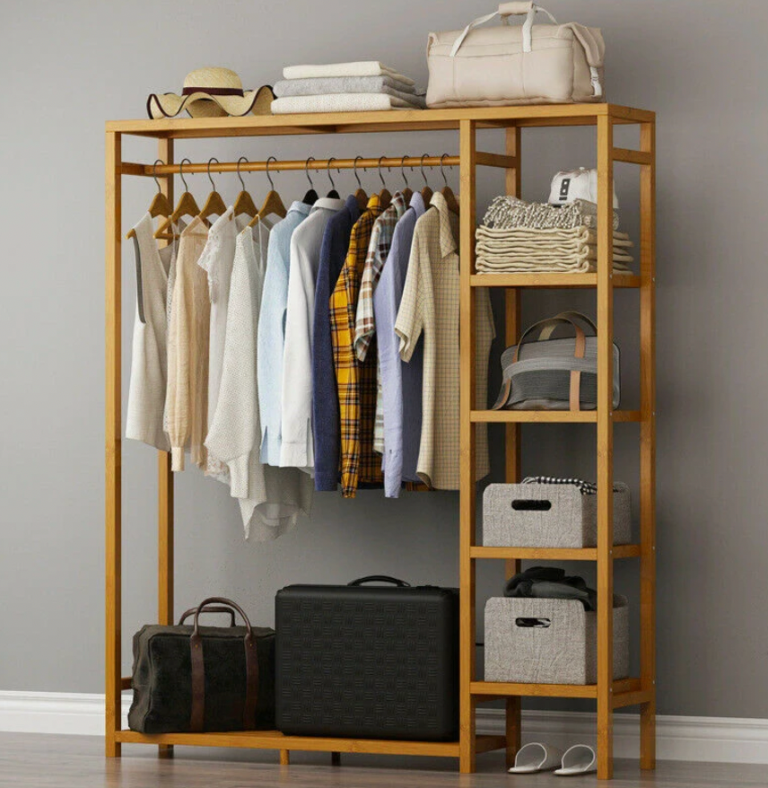 Bamboo wood garment rack with shelves