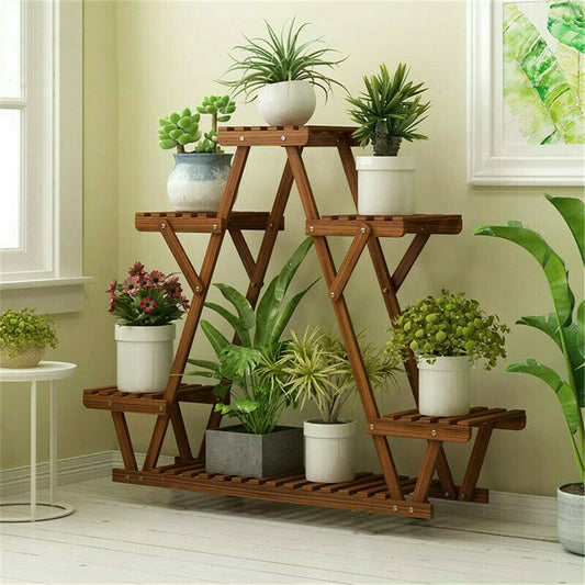 6 tier wooden indoor outdoor carbonized triangle plant rack