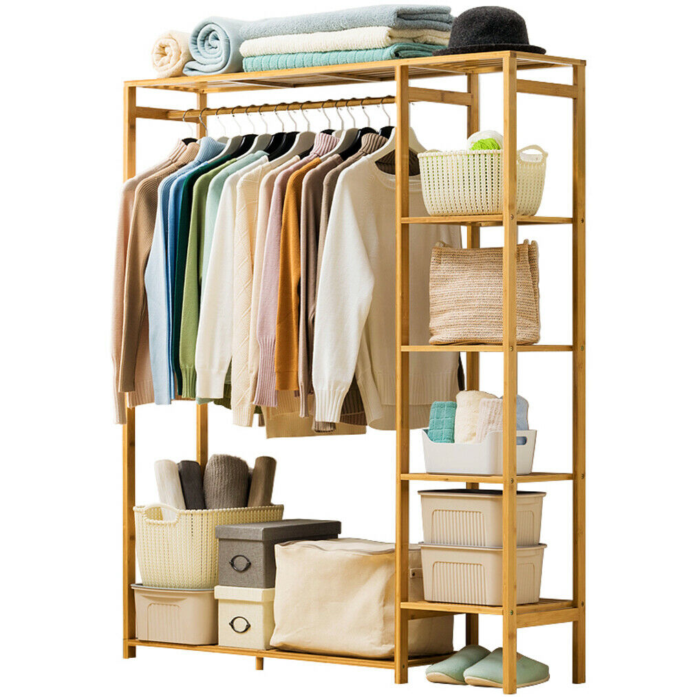 Bamboo wood garment rack with shelves